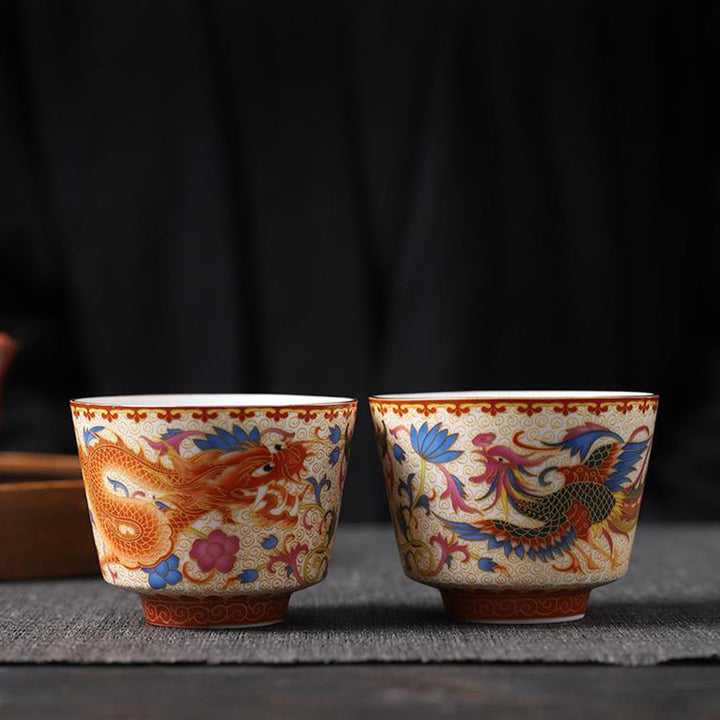 Buddha Stones 2Pcs Dragon Phoenix Ceramic Teacup Kung Fu Tea Cups