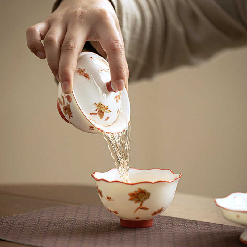 Buddha Stones White Porcelain Flowers Ceramic Gaiwan Sancai Teacup Kung Fu Tea Cup And Saucer With Lid