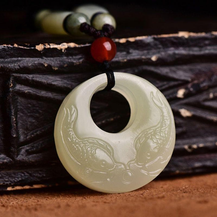 Buddha Stones White Jade Double Koi Fish Carved Prosperity Success Necklace Pendant