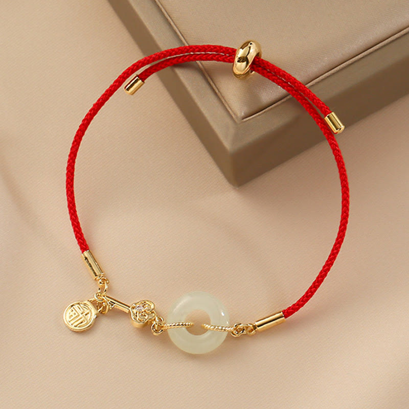 Buddha Stones 18K Gold Plated Hetian Jade Peace Buckle Fu Character Luck Red Rope Bracelet