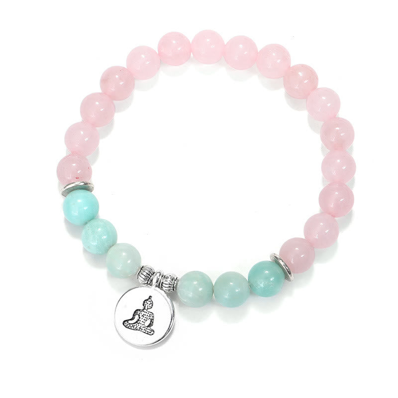 Buddha Stones Natural Pink Crystal Amazonite Lotus Buddha OM Symbol Warmth Bracelet