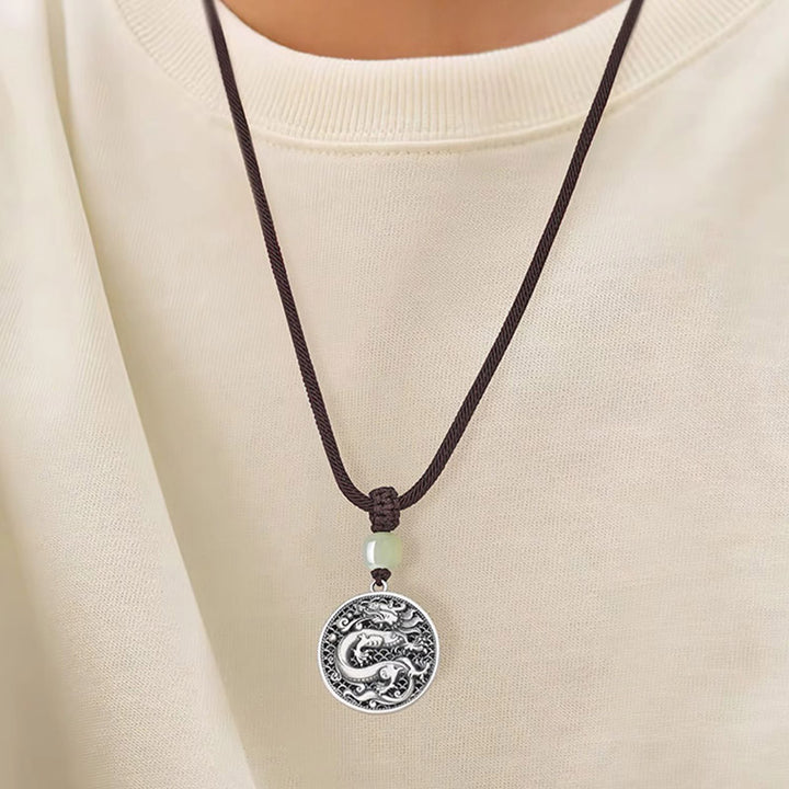 Buddha Stones 999 Sterling Silver Year of the Dragon Fu Character Hetian Jade Success Necklace Pendant