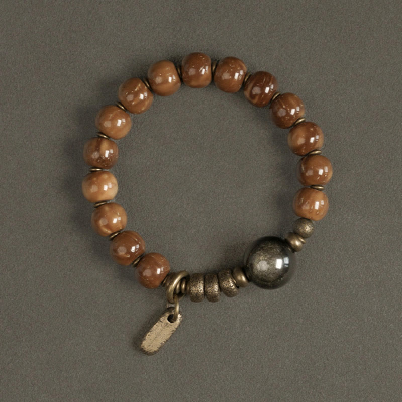 Buddha Stones Kuka Seed Tiger Eye Gold Sheen Obsidian Copper Wealth Luck Bracelet