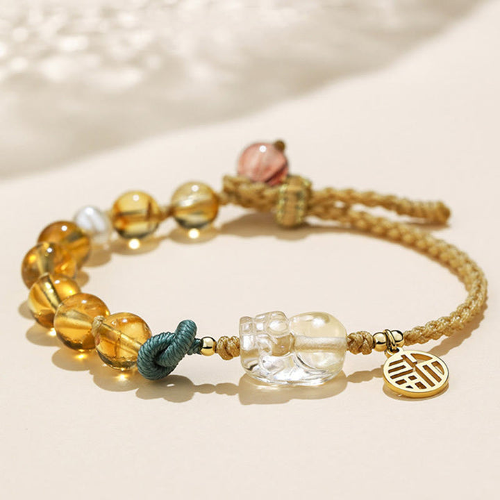 Buddha Stones Citrine PiXiu Fu Character Prosperity String Braided Bracelet