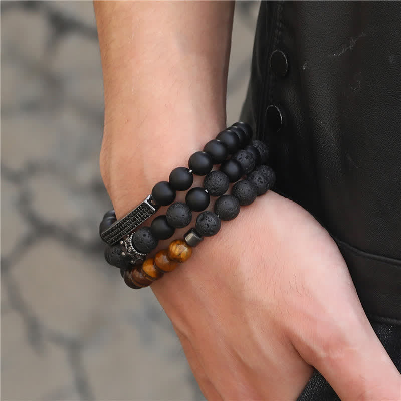 Buddha Stones 3Pcs Frosted Stone Lava Rock Tiger Eye Activate Bracelet