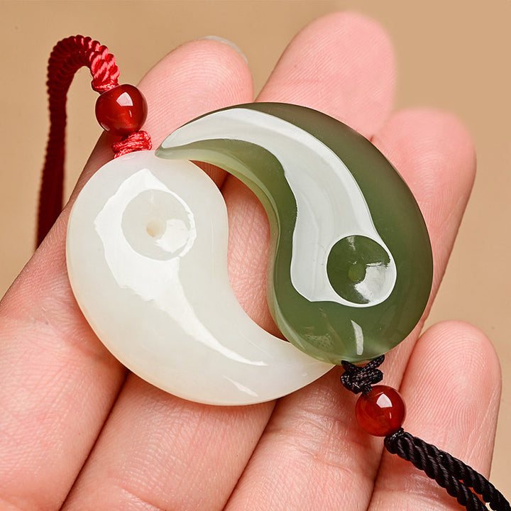 Yin Yang White Jade Cyan Jade Protection Blessing Necklace String Pendant