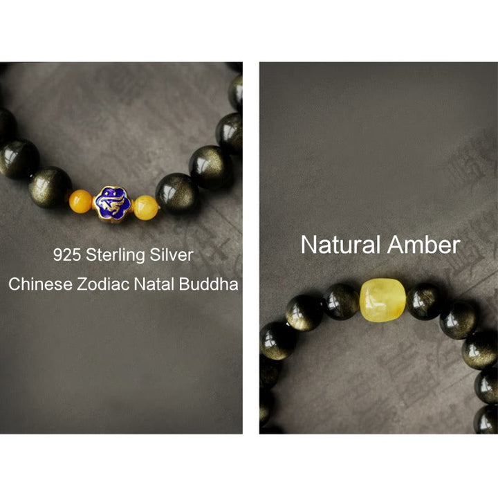 Buddha Stones 925 Sterling Silver Chinese Zodiac Natal Buddha Natural Gold Sheen Obsidian Amber Wealth Protection Bracelet