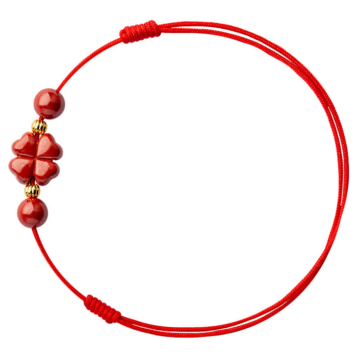 Buddha Stones Four Leaf Clover Cinnabar Blessing Calm String Bracelet Anklet