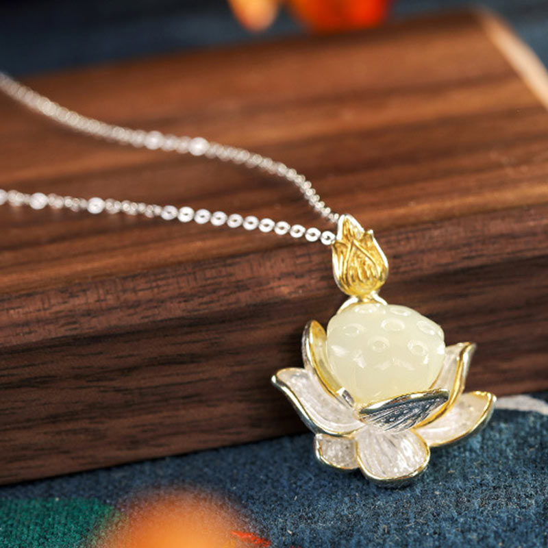 White Jade Lotus Flower Happiness Necklace