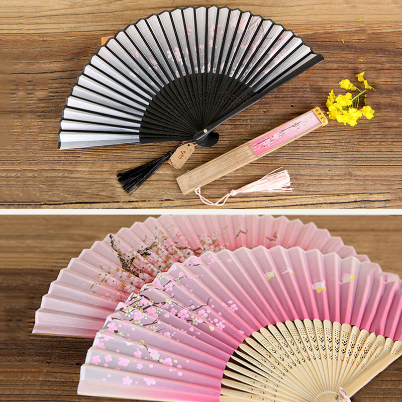 Buddha Stones Classic Birds Singing Flowers Handheld Bamboo Folding Fan