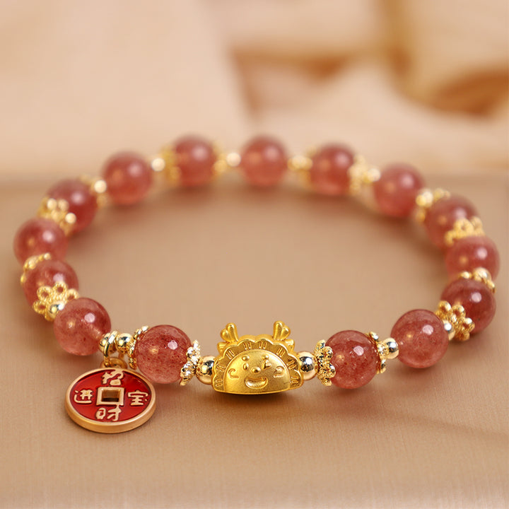 Buddha Stones Year of the Dragon Strawberry Quartz Copper Coin Attract Wealth Charm Bracelet