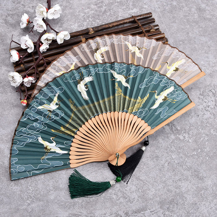 Buddha Stones Vintage Cloud Crane Pattern Handheld Bamboo Folding Fan