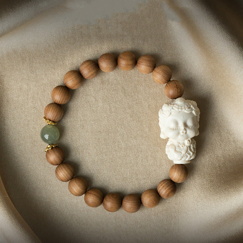 Buddha Stones Sandalwood Hetian Jade Ivory Fruit Green Tara Protection Bracelet