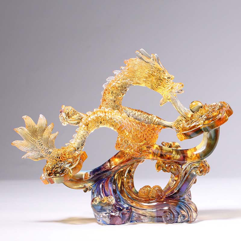 Buddha Stones Year of the Dragon Handmade Ruyi Handle Liuli Crystal Art Piece Protection Home Office Decoration