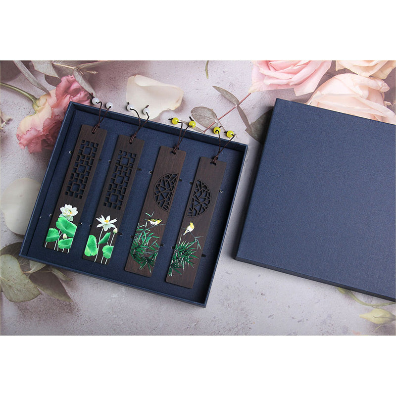 Buddha Stones Green Lotus Bamboo Oriole Ebony Wood Bookmarks With Gift Box