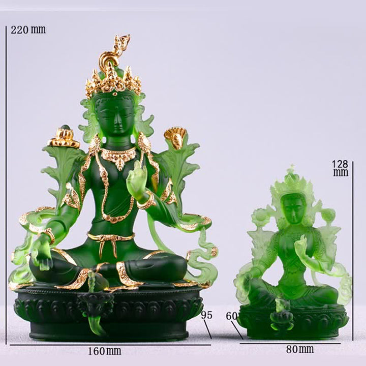 Bodhisattva Green Tara Handmade Liuli Crystal Art Piece Protection Home Office Statue Decoration