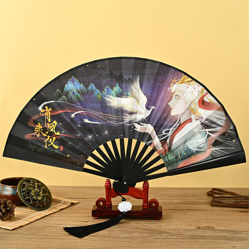 Buddha Stones Dragon Phoenix Tiger Crane Eagle Wolf Koi Fish Handheld Folding Fan Lotus Tassel Fan