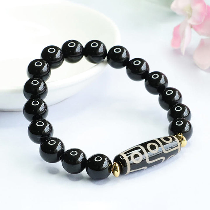 Buddha Stones Tibetan Nine-Eye Dzi Bead Black Onyx Power Bracelet