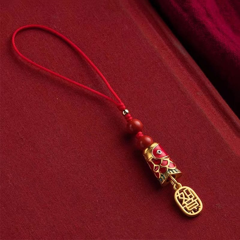 Buddha Stones Koi Fish Cinnabar Attracting Wealth Wish Ruyi Charm Luck Phone Hanging Decoration