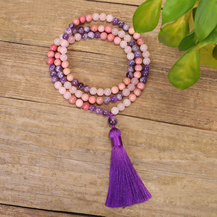 Buddha Stones 108 Mala Beads Amethyst Rose Quartz Spiritual Healing Tassel Bracelet