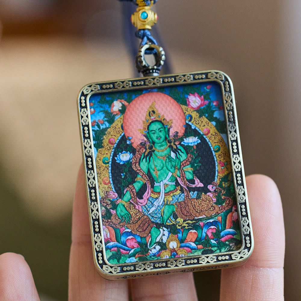 Buddha Stones Tibetan Green Tara Hand-Painted Thangka Buddha Protection Necklace Pendant