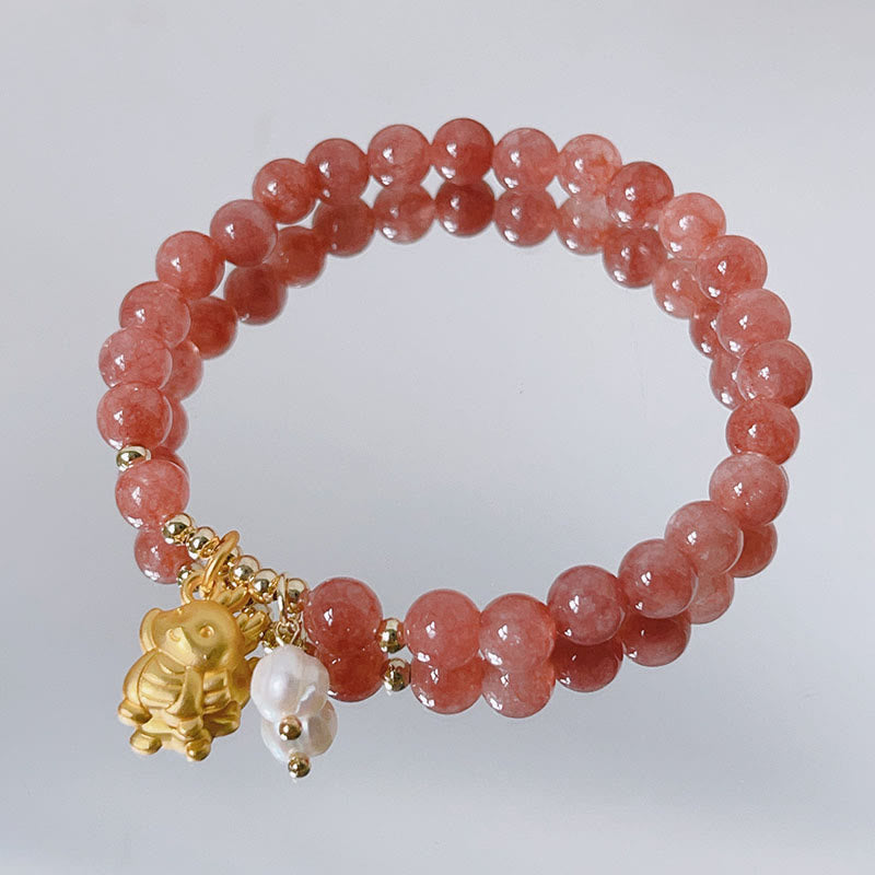 Buddha Stones Year of the Dragon Strawberry Quartz Dragon Pearl Charm Protection Bracelet