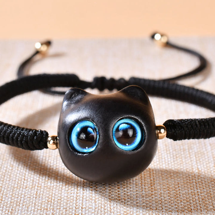 Buddha Stones Ebony Wood Cat Head Pattern Peace King Kong Knot Braided Bracelet