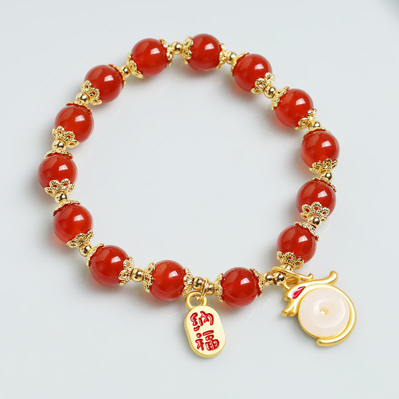 Buddha Stones Year of the Dragon Red Agate Green Aventurine Peace Buckle Fu Character Lucky Fortune Bracelet