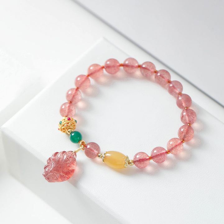 Buddha Stones Natural Strawberry Quartz Nine-Tailed Fox Healing Bracelet