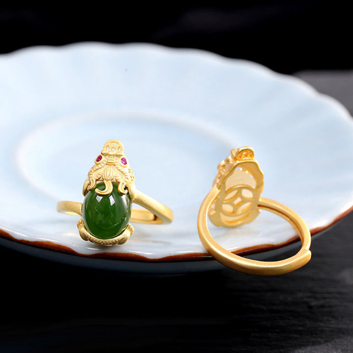 Buddha Stones 18k Gold-plated Pixiu Jade Wealth Ring