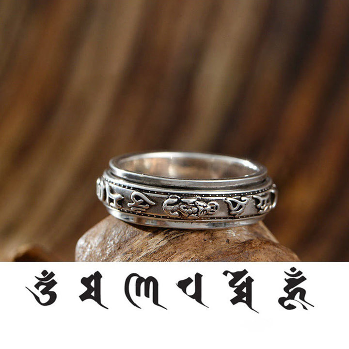 Buddha Stones Tibetan Om Mani Padme Hum PiXiu Engraved Wealth Luck Rotatable Ring