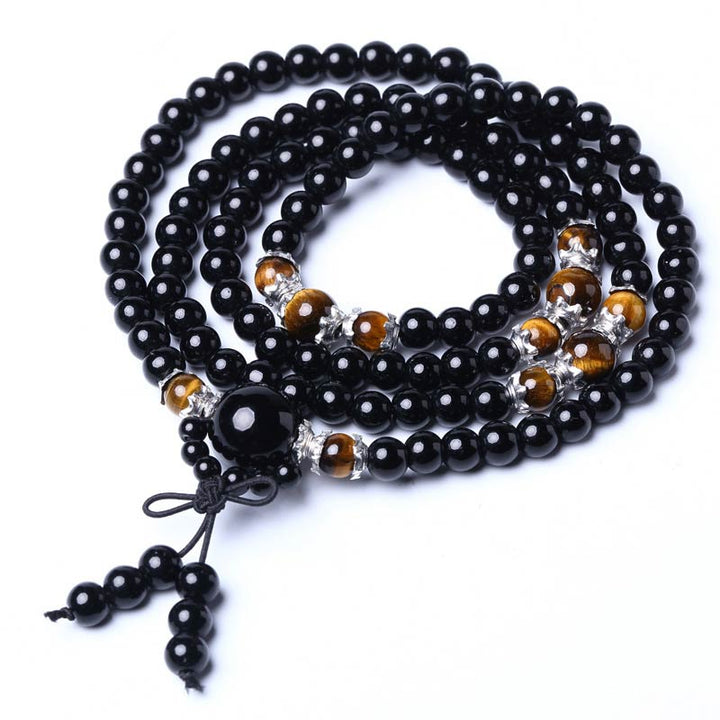 Buddha Stones 108 Beads Natural Black Obsidian Tiger Eye Mala Bracelet