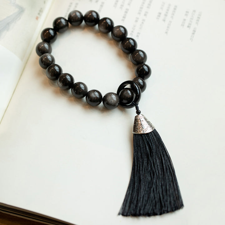 Natural Silver Sheen Obsidian Black Obsidian Lion Wrist Mala Protection Tassels Pocket Mala Car Decoration