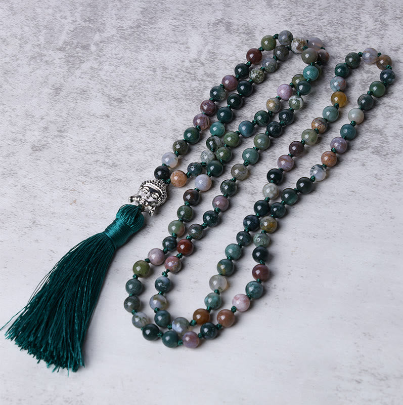 Buddha Stones 108 Mala Beads Indian Agate Buddha Head Cleansing Bracelet