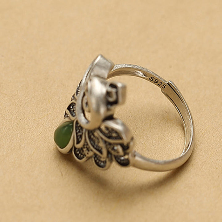 Buddha Stones 925 Sterling Silver Peacock Hetian Cyan Jade Fortune Adjustable Ring