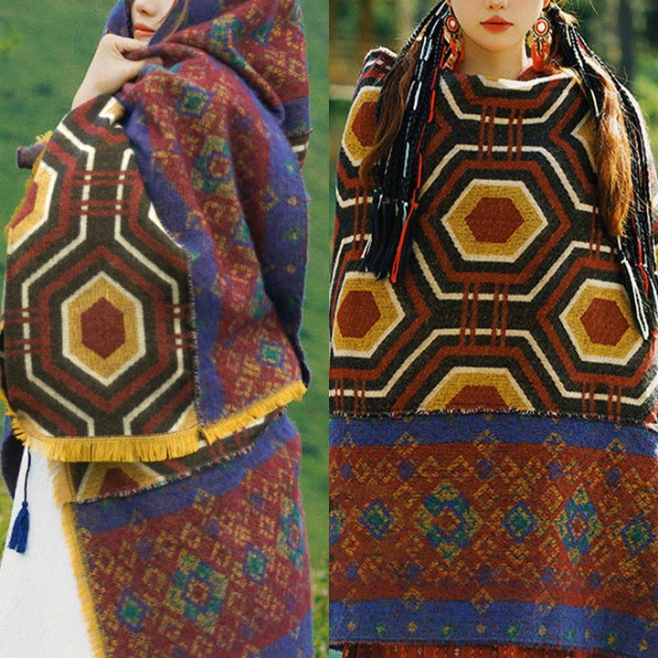 Buddha Stones Tibetan Shawl Brown Blue Red Geometric Shapes Pattern Winter Cozy Travel Scarf Wrap