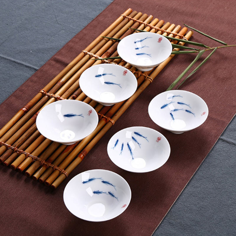 Buddha Stones Jingdezhen Blue and White Porcelain Koi Fish Ceramic Teacup Kung Fu Tea Cups