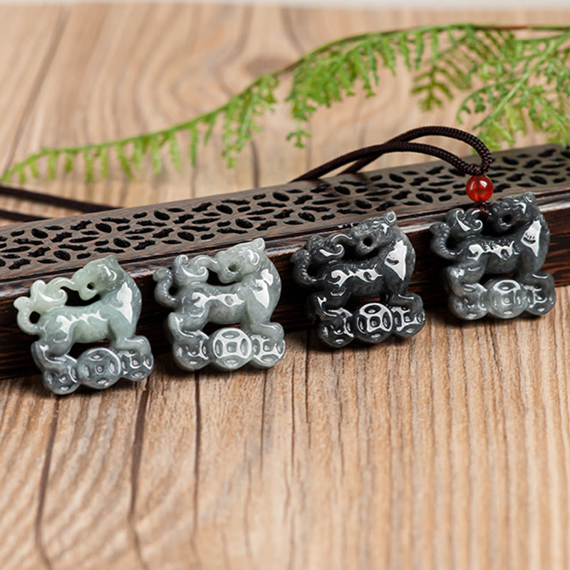 Buddha Stones Natural Jade Tiger Copper Coin Pattern Luck Necklace Pendant