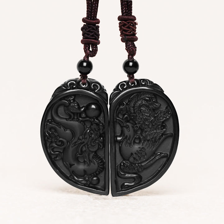 Buddha Stones Black Obsidian Love Dragon Phoenix Protection Necklace Pendant