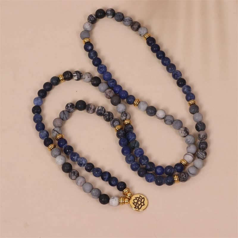 Buddha Stones 108 Mala Beads Sodalite Zebra Jasper Crystal Lotus Strength Bracelet