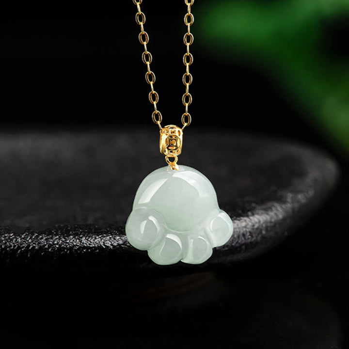 Buddha Stones 925 Sterling Silver 18K Gold Plated Natural Jade Cat Paw Pattern Luck Necklace Pendant