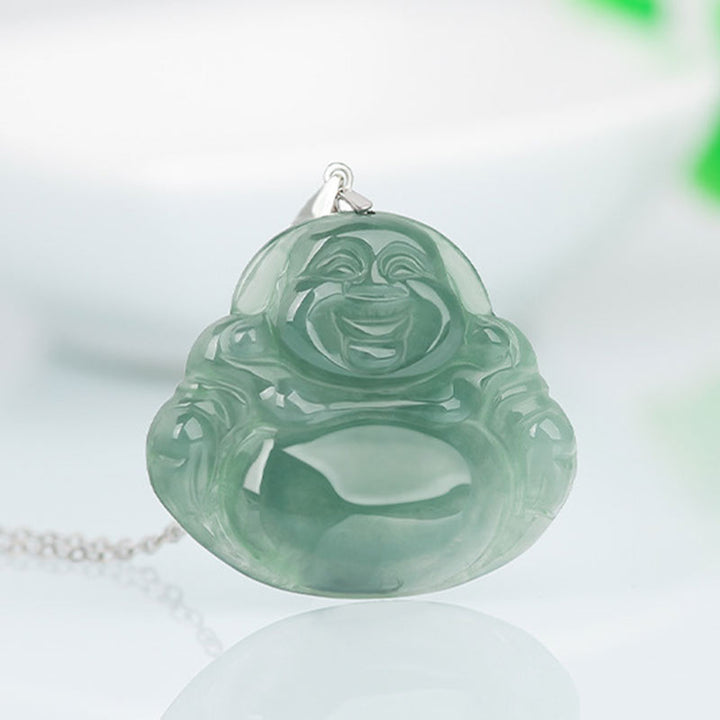 Buddha Stones 925 Sterling Silver Laughing Buddha Jade Protection Calm Necklace Chain Pendant