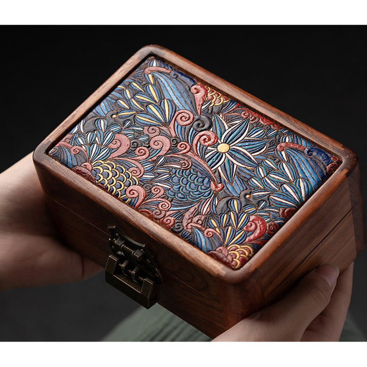 Retro Handmade Floral Pattern Rosewood Jewelry Storage Box Lockable Wooden Gift Organizer Box