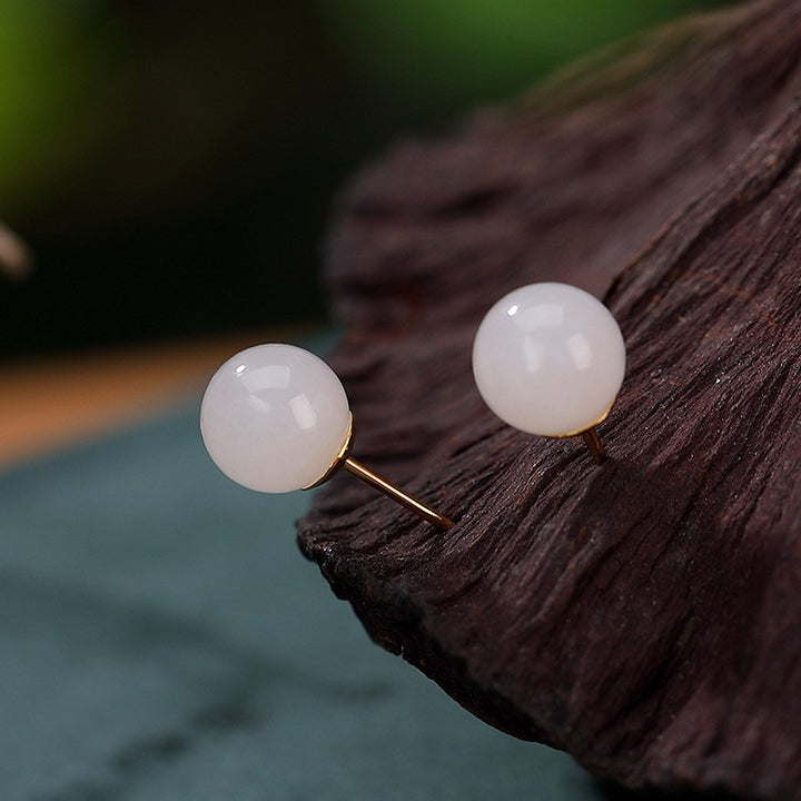 Buddha Stones 925 Sterling Silver Round White Jade Blessing Stud Earrings