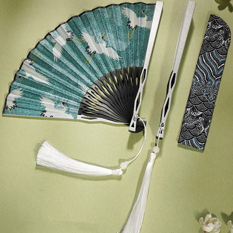 Buddha Stones Vintage Blue White Crane Pattern Handheld Silk Bamboo Folding Fan