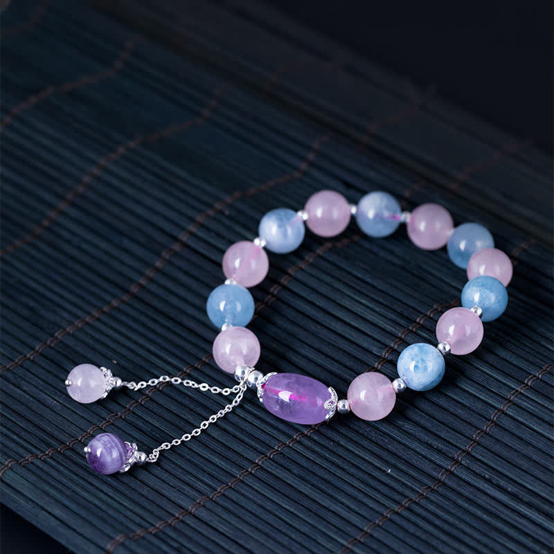 925 Sterling Silver Natural Crystal Purple Mica Stone Aquamarine Amethyst Healing Bracelet