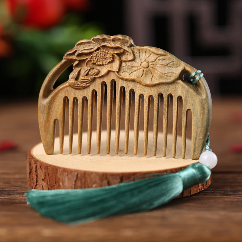 Green Sandalwood Fox Peony Flower Lotus Engraved Cure Tassel Comb