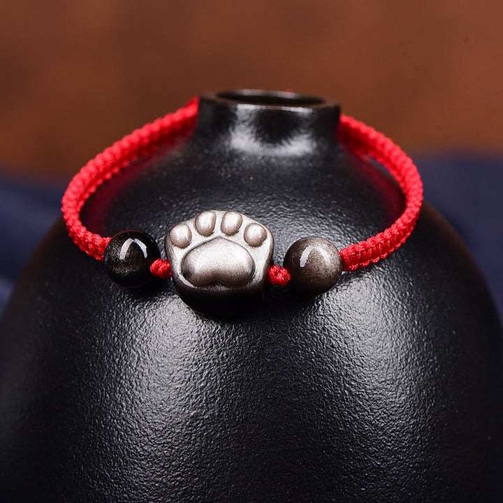 Buddha Stones Natural Silver Sheen Obsidian Gold Sheen Obsidian Cute Cat Paw Claw Protection Rope Bracelet