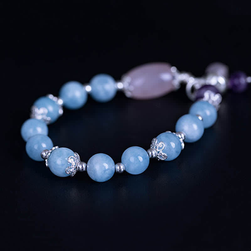 Buddha Stones 925 Sterling Silver Natural Aquamarine Amethyst Lotus Healing Charm Bracelet