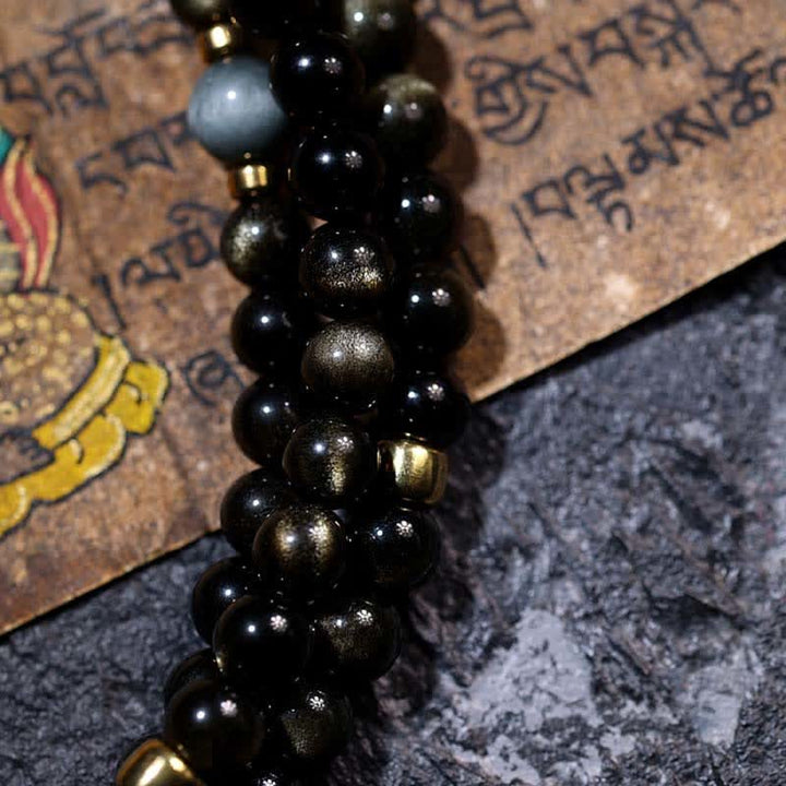 108 Mala Beads Gold Sheen Obsidian Tiger Eye Eagle's Eye Stone Wealth Bracelet